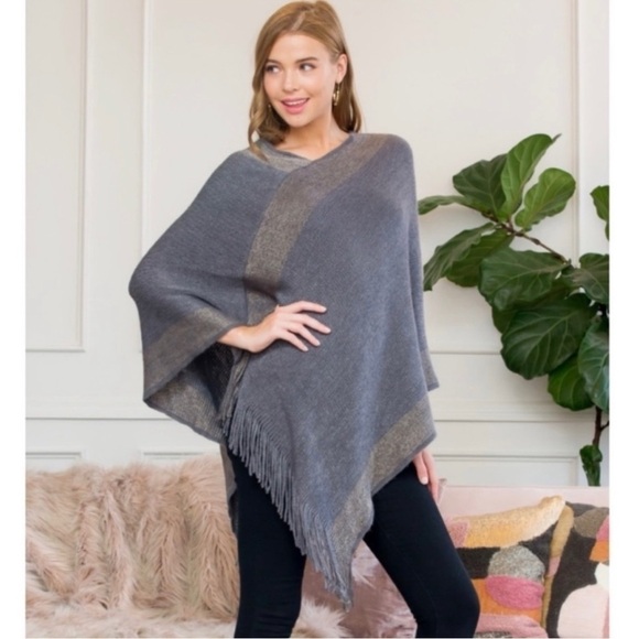 Riah Fashion Sweaters - Riah Fashion Two Tone Poncho Fringe Shawl Wrap Scarf One Size NWT